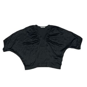 Summum Top Women's 40 Large Black Short Dolman Sleeve Blouse Satin V Neck